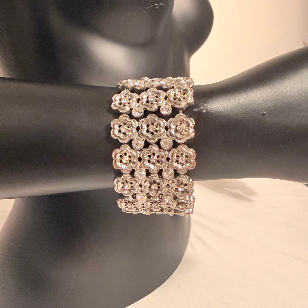 Silver Tone Floral Rhinestone Wide Stretch Bracelet